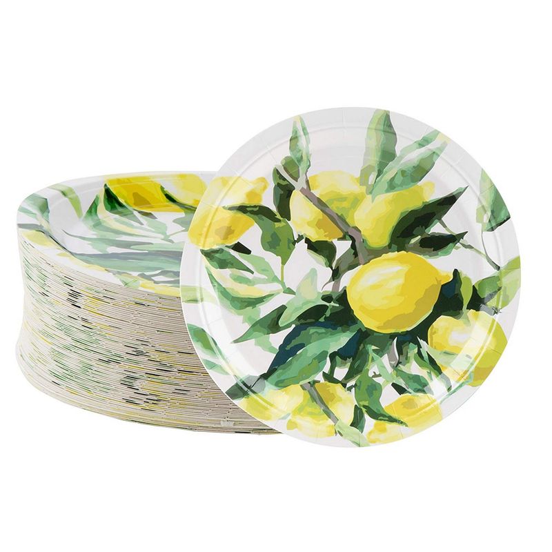 Disposable Plates - 80-Count Paper Plates, Lemon Party Supplies for Appetizer, Lunch, Dinner, and Dessert, Brunch and Garden Party, 9 x 9 Inches