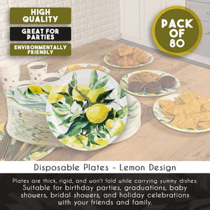 Disposable Plates - 80-Count Paper Plates, Lemon Party Supplies for Appetizer, Lunch, Dinner, and Dessert, Brunch and Garden Party, 9 x 9 Inches