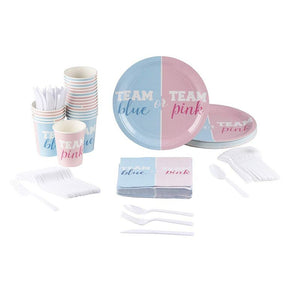 Team Boy, Team Girl Gender Reveal Party Bundle, Includes Plates, Napkins, Cups, and Cutlery (24 Guests,144 Pieces)