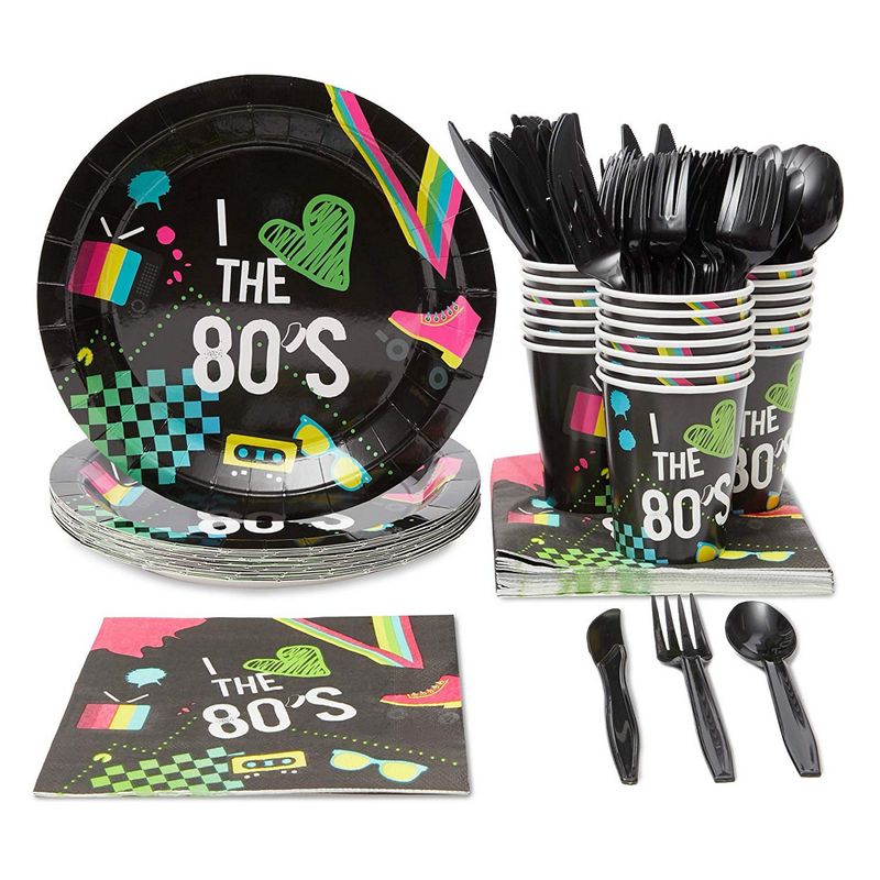 80's Party Bundle, Includes Plates, Napkins, Cups, and Cutlery (24 Guests,144 Pieces)