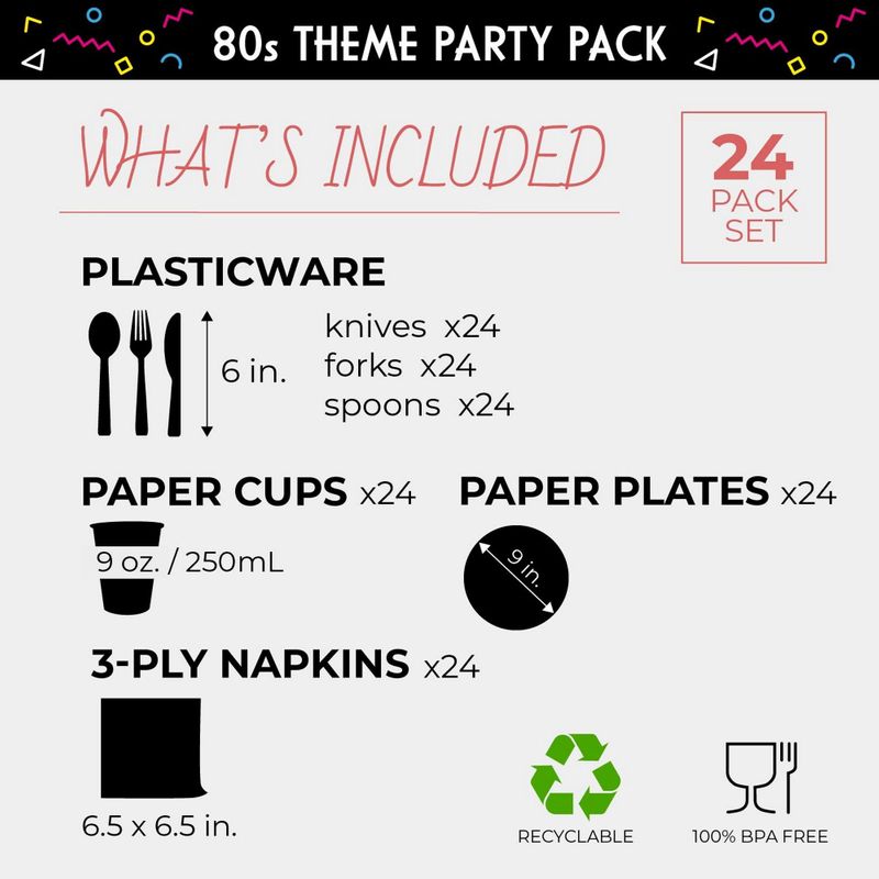 80's Party Bundle, Includes Plates, Napkins, Cups, and Cutlery (24 Guests,144 Pieces)