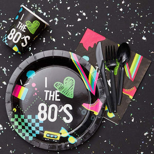 80's Party Bundle, Includes Plates, Napkins, Cups, and Cutlery (24 Guests,144 Pieces)