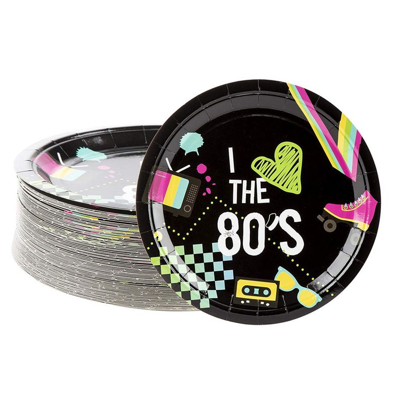 80 Pack of Paper Plates for 80’s Party Decorations (9 Inches)