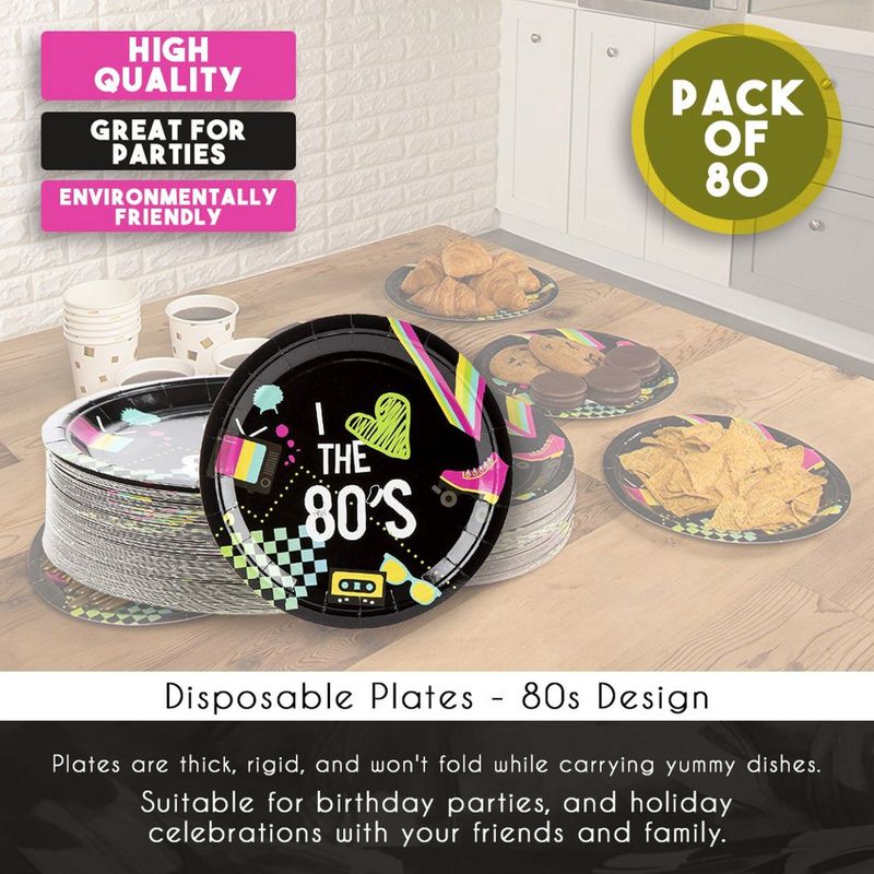 80 Pack of Paper Plates for 80’s Party Decorations (9 Inches)