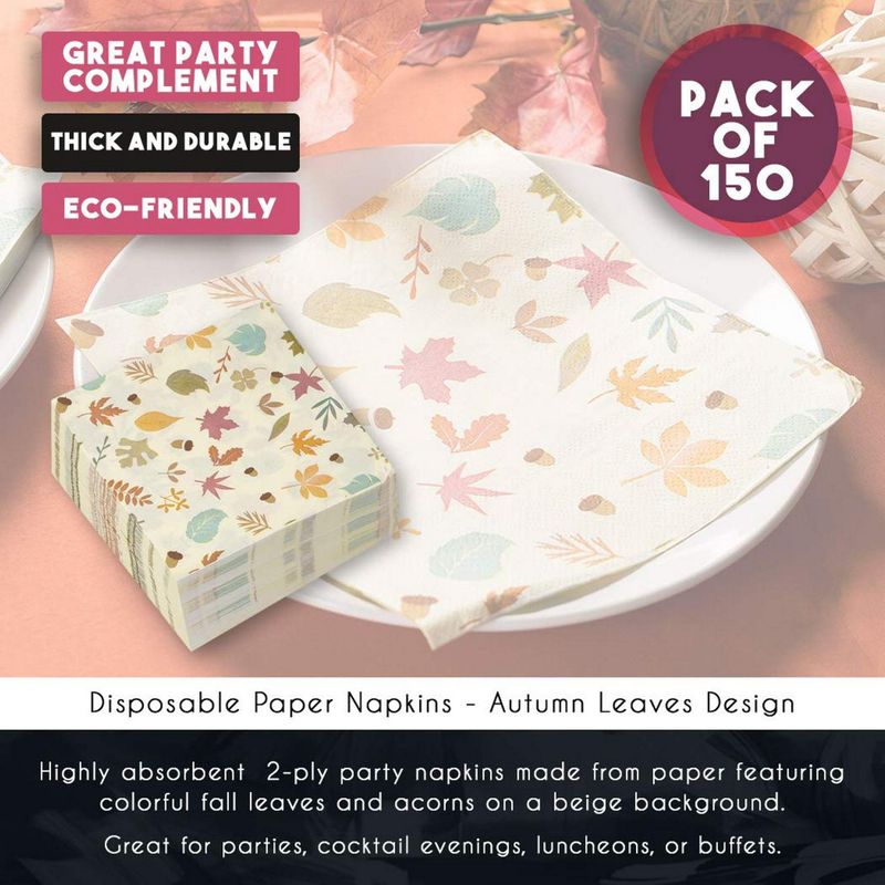 Thanksgiving Party Decorations, Leaves Napkins (6.5 x 6.5 In, Beige, 150 Pack)