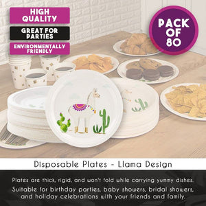 Disposable Plates - 80-Count Paper Plates, Llama Party Supplies for Appetizer, Lunch, Dinner, and Dessert, Kids Birthdays, 9 x 9 Inches