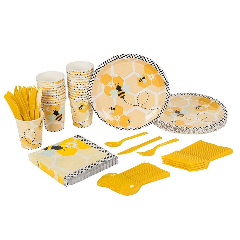 Bumble Bee Party Bundle, Includes Plates, Napkins, Cups, and Cutlery (24 Guests,144 Pieces)