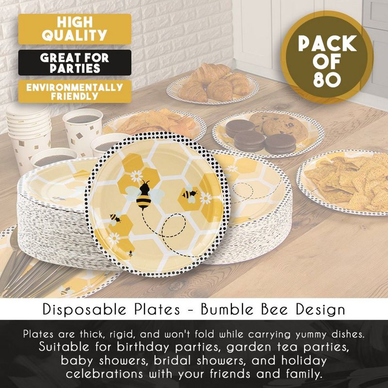 Disposable Plates - 80-Count Paper Plates, Bumble Bee Party Supplies for Appetizer, Lunch, Dinner, and Dessert, Kids Birthdays, 9 x 9 Inches