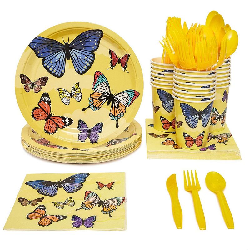 Butterfly Party Supplies – Serves 24 – Includes Plates, Knives, Spoons, Forks, Cups and Napkins. Perfect Birthday Party Pack for Girls Themed Parties, Butterfly Pattern