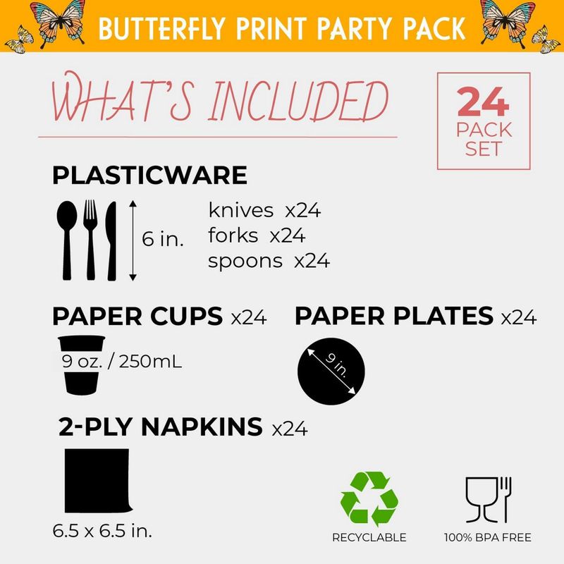 Butterfly Party Supplies – Serves 24 – Includes Plates, Knives, Spoons, Forks, Cups and Napkins. Perfect Birthday Party Pack for Girls Themed Parties, Butterfly Pattern