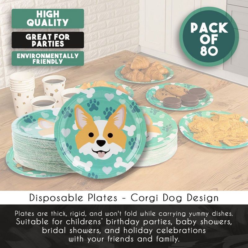 Disposable Plates - 80-Count Paper Plates, Dog Party Supplies for Appetizer, Lunch, Dinner, and Dessert, Corgi, 9 x 9 Inches