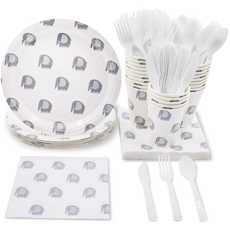 Elephant Baby Shower Party Bundle, Plates, Napkins, Cups & Cutlery (24 Guests,144 Pieces)