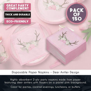 Baby Shower Party Supplies, Pink Paper Napkins (6.5 x 6.5 In, 150 Pack)