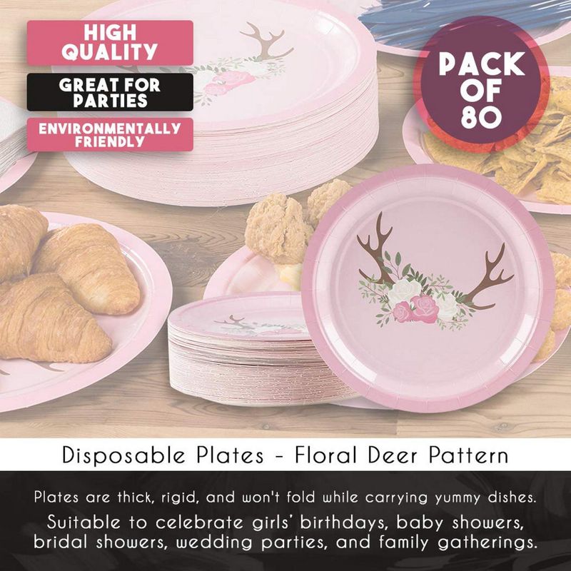 Disposable Plates - 80-Count Paper Plates, Bridal and Baby Shower Party Supplies for Appetizer, Lunch, Dinner, and Dessert, Floral Deer Pattern, 9 x 9 Inches