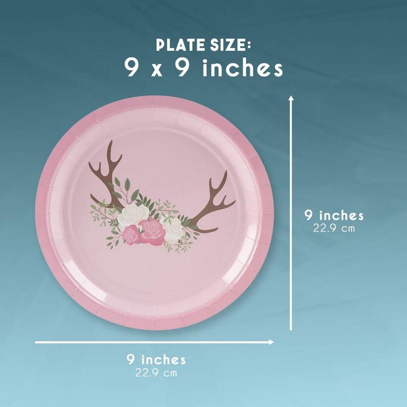 Disposable Plates - 80-Count Paper Plates, Bridal and Baby Shower Party Supplies for Appetizer, Lunch, Dinner, and Dessert, Floral Deer Pattern, 9 x 9 Inches