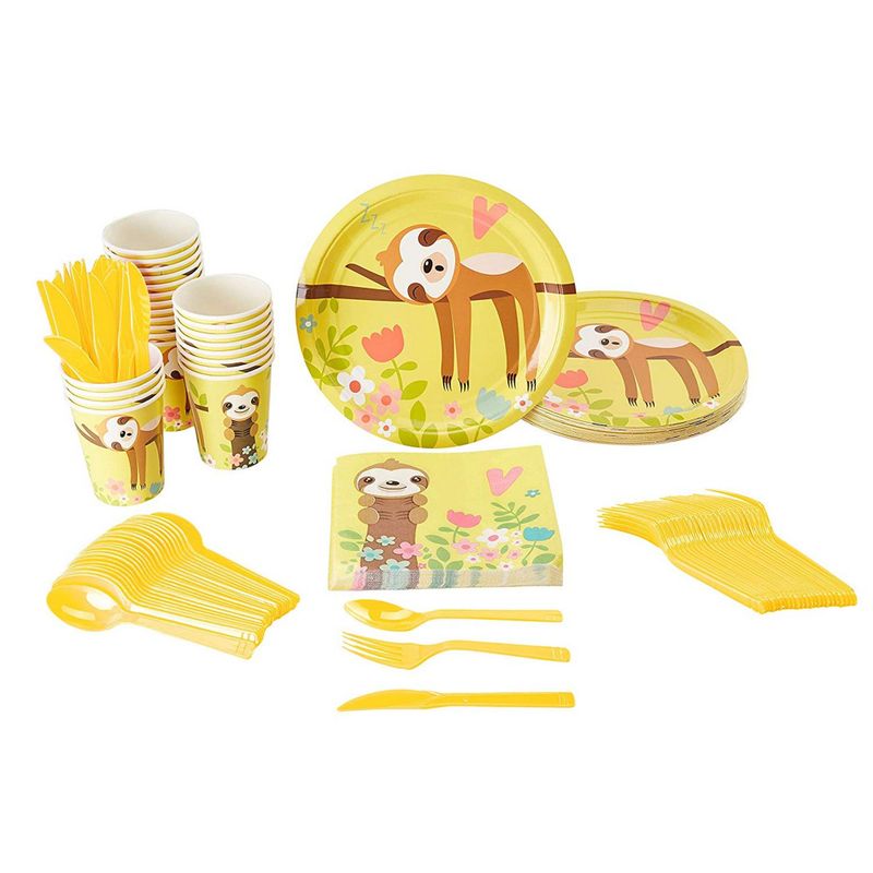 Springtime Sloth Party Bundle, Includes Plates, Napkins, Cups, and Cutlery (24 Guests,144 Pieces)