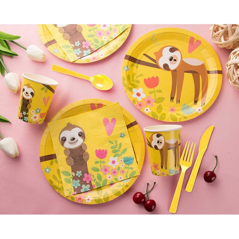 Springtime Sloth Party Bundle, Includes Plates, Napkins, Cups, and Cutlery (24 Guests,144 Pieces)