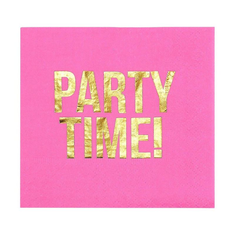 Hot Pink Paper Napkins, Party Time Party Supplies (5 x 5 In, Gold Foil, 50 Pack)