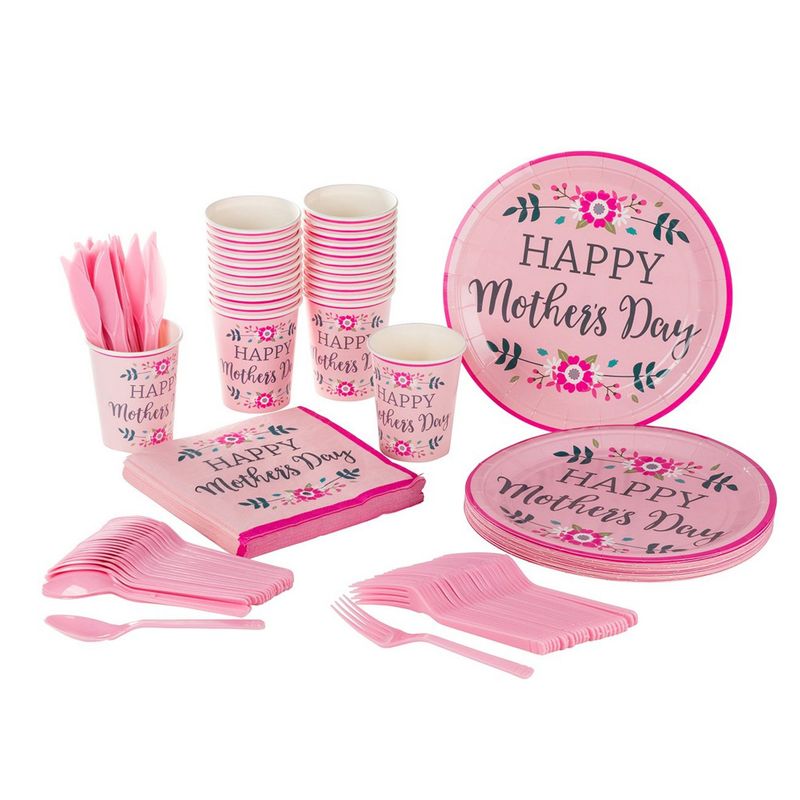 Happy Mother’s Day Dinnerware Plates, Cutlery, Cups, Napkins (Serves 24, 144 Pieces)