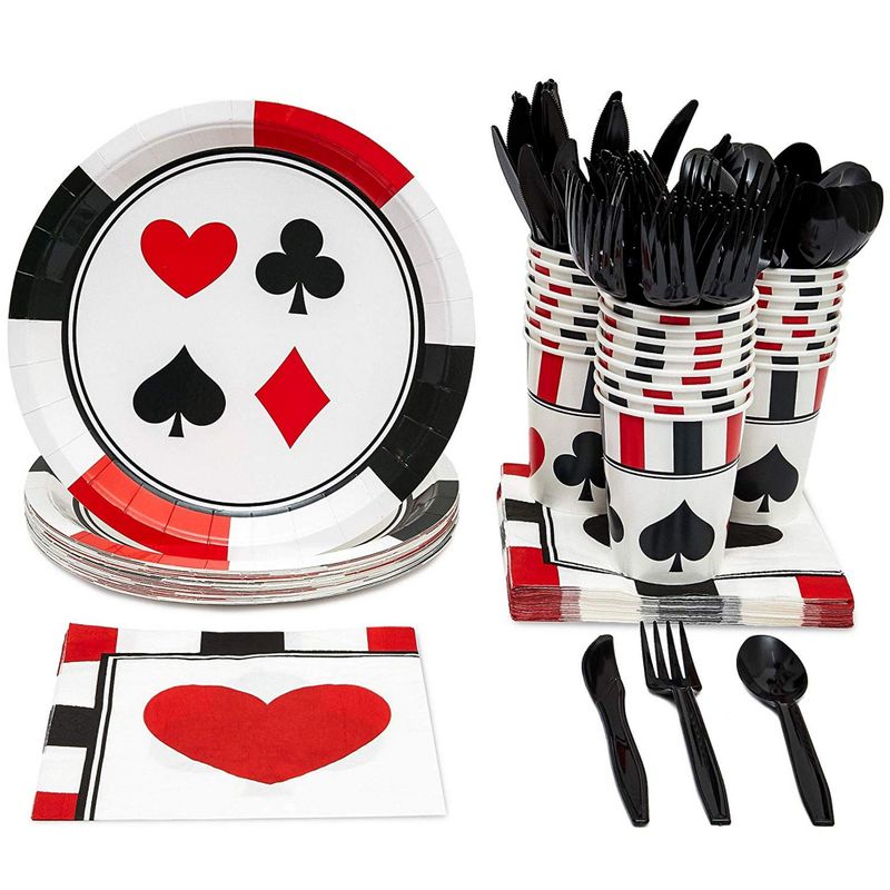 Casino Party Bundle, Includes Plates, Napkins, Cups, and Cutlery (24 Guests,144 Pieces)