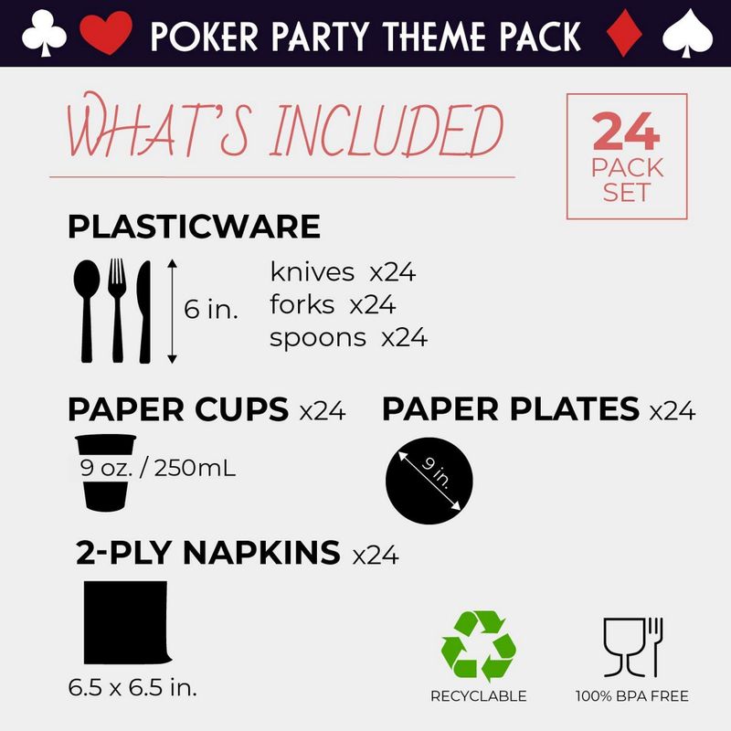 Casino Party Bundle, Includes Plates, Napkins, Cups, and Cutlery (24 Guests,144 Pieces)