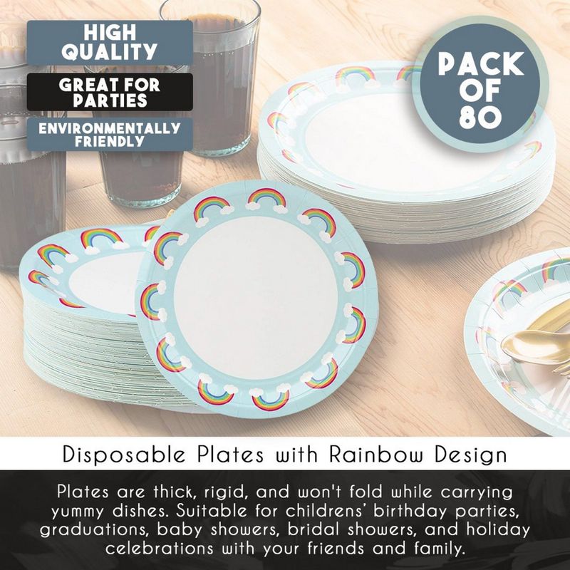 Disposable Plates - 80-Count Paper Plates, Rainbow Party Supplies for Appetizer, Lunch, Dinner, and Dessert, Kids Birthdays, 9 x 9 inches
