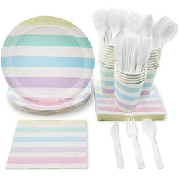Rainbow Party Supplies, Paper Plates, Napkins, Cups and Plastic Cutlery (Serves 24, 144 Pieces)