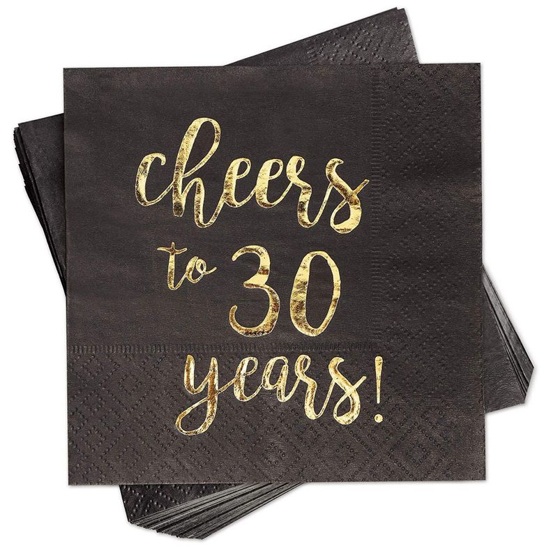 Gold Foil Cheers to 30 Years Black Cocktail Paper Napkins (5 x 5 In, 50 Pack)