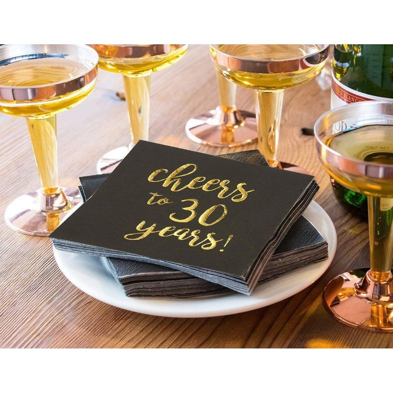 Gold Foil Cheers to 30 Years Black Cocktail Paper Napkins (5 x 5 In, 50 Pack)