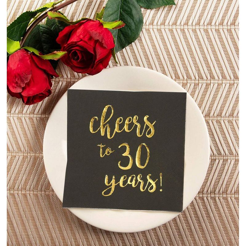 Gold Foil Cheers to 30 Years Black Cocktail Paper Napkins (5 x 5 In, 50 Pack)