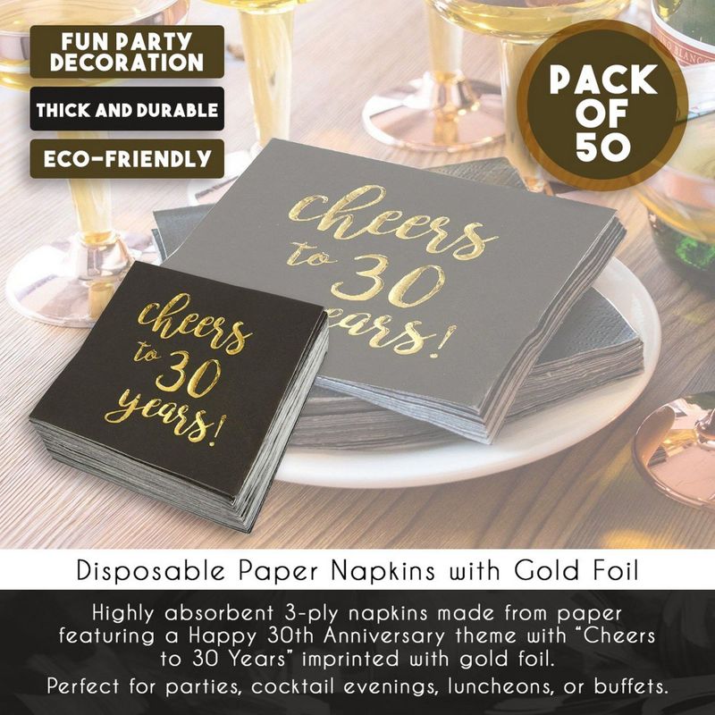 Gold Foil Cheers to 30 Years Black Cocktail Paper Napkins (5 x 5 In, 50 Pack)