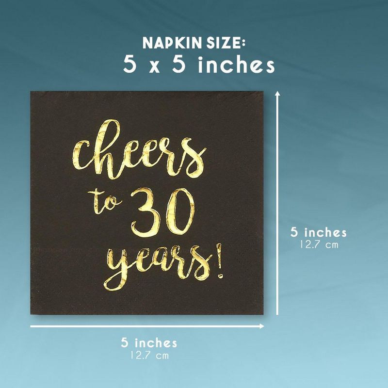 Gold Foil Cheers to 30 Years Black Cocktail Paper Napkins (5 x 5 In, 50 Pack)