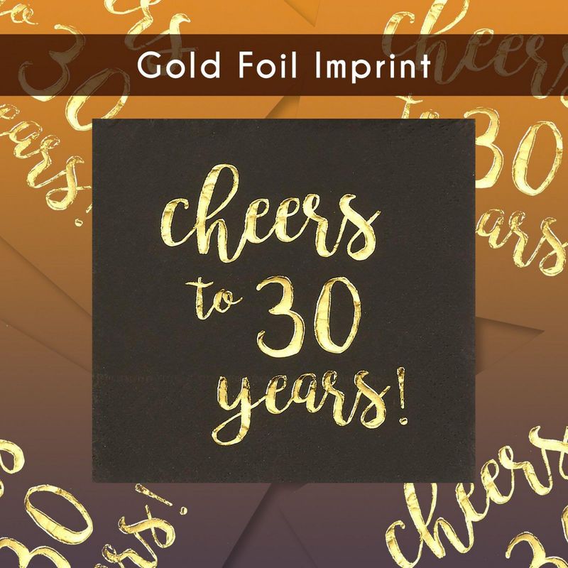 Gold Foil Cheers to 30 Years Black Cocktail Paper Napkins (5 x 5 In, 50 Pack)