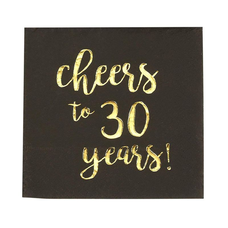 Gold Foil Cheers to 30 Years Black Cocktail Paper Napkins (5 x 5 In, 50 Pack)