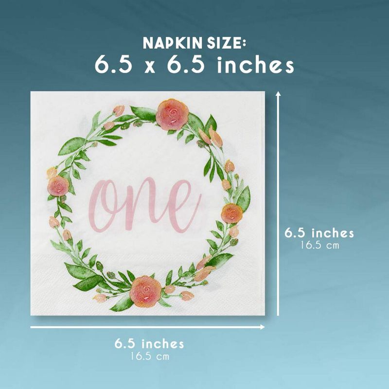 Paper Napkins in Floral Design for 1st Birthday Party (6.5 x 6.5 in, 150 Pk)