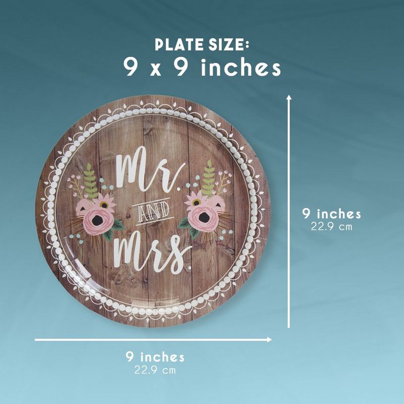 Disposable Plates - 80-Count Paper Plates, Wedding Party Supplies for Appetizer, Lunch, Dinner, and Dessert, Mr. and Mrs. Rustic Wedding Theme Design, 9 Inches in Diameter