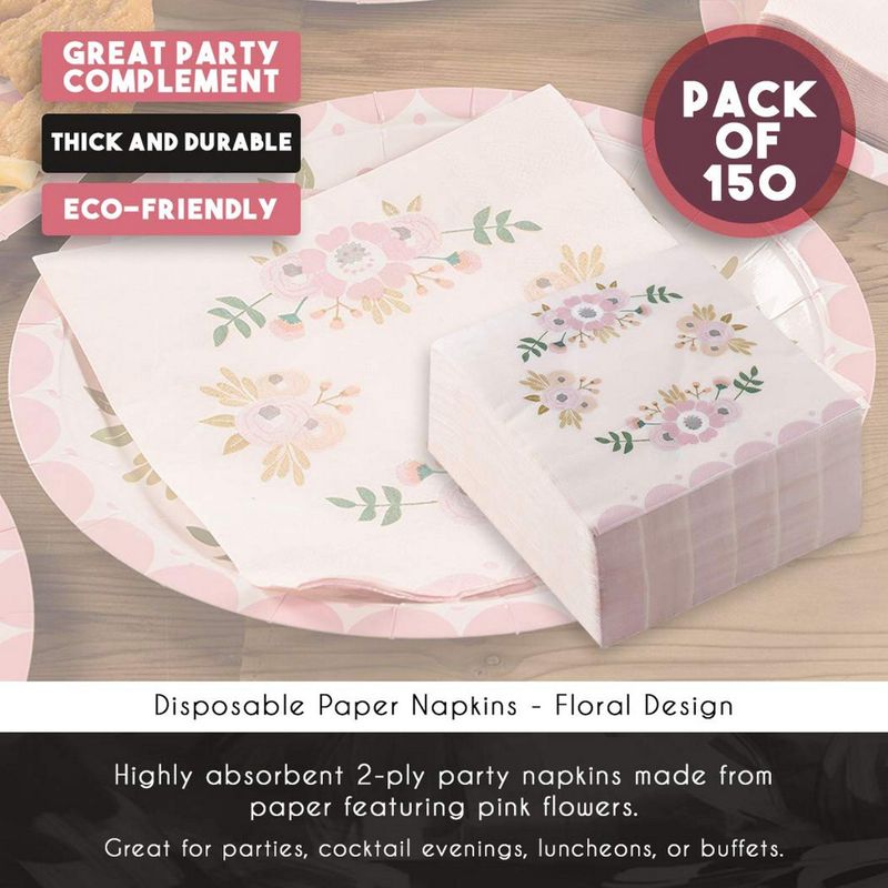 Cocktail Napkins - 150-Pack Luncheon Napkins, Disposable Paper Napkins Floral Party Supplies for Bridal Showers, Birthdays, 2-Ply, Unfolded 13 x 13 Inches, Folded 6.5 x 6.5 Inches