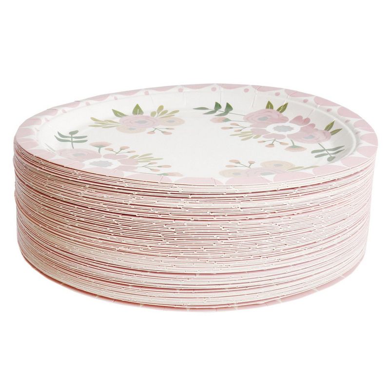 Pink Floral Paper Plates for Birthday Party, Bridal Shower (9 In, 80 Pack)