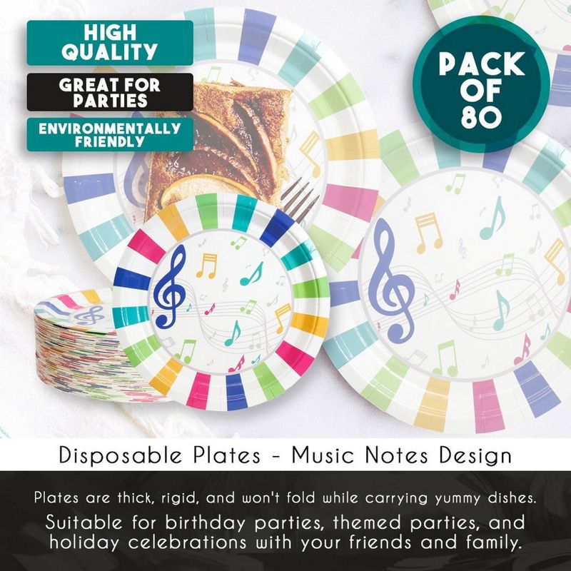 Disposable Plates - 80-Count Paper Plates, Music Party Supplies for Appetizer, Lunch, Dinner, and Dessert, Kids Birthdays, 9 Inches in Diameter