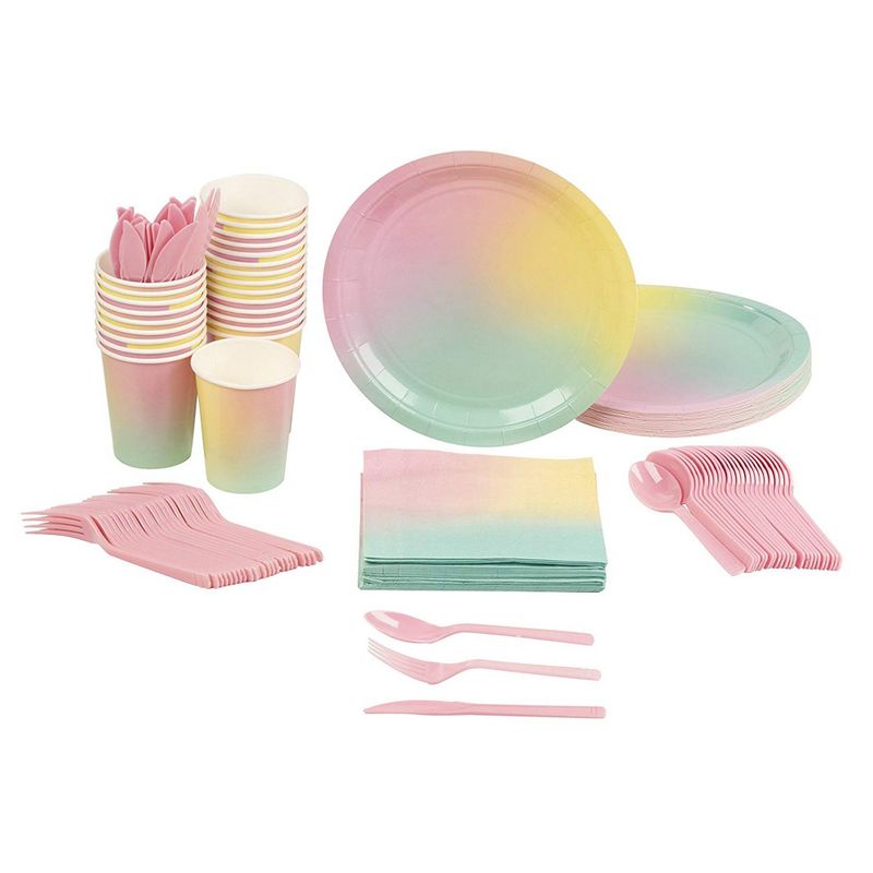 Disposable Dinnerware Set - Serves 24 - Ombre Party Supplies for Kids Birthdays, Bridal Showers, Includes Plastic Knives, Spoons, Forks, Paper Plates, Napkins, Cups