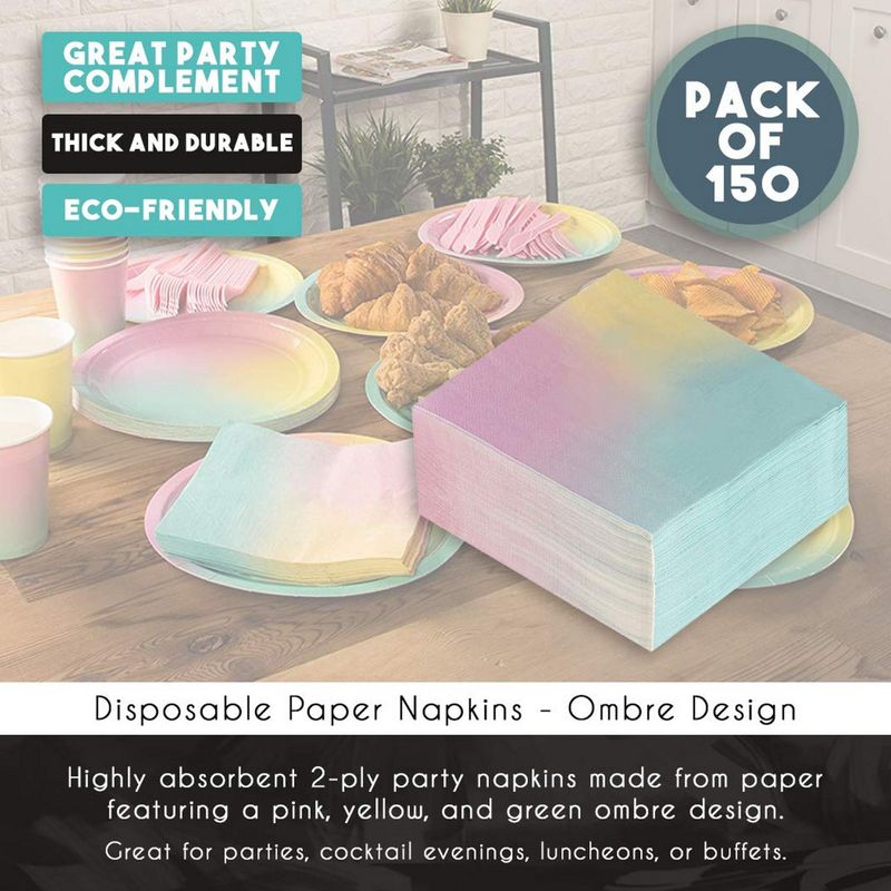 Paper Napkins for Rainbow Birthday Party (6.5 x 6.5 Inches, 150 Pack)