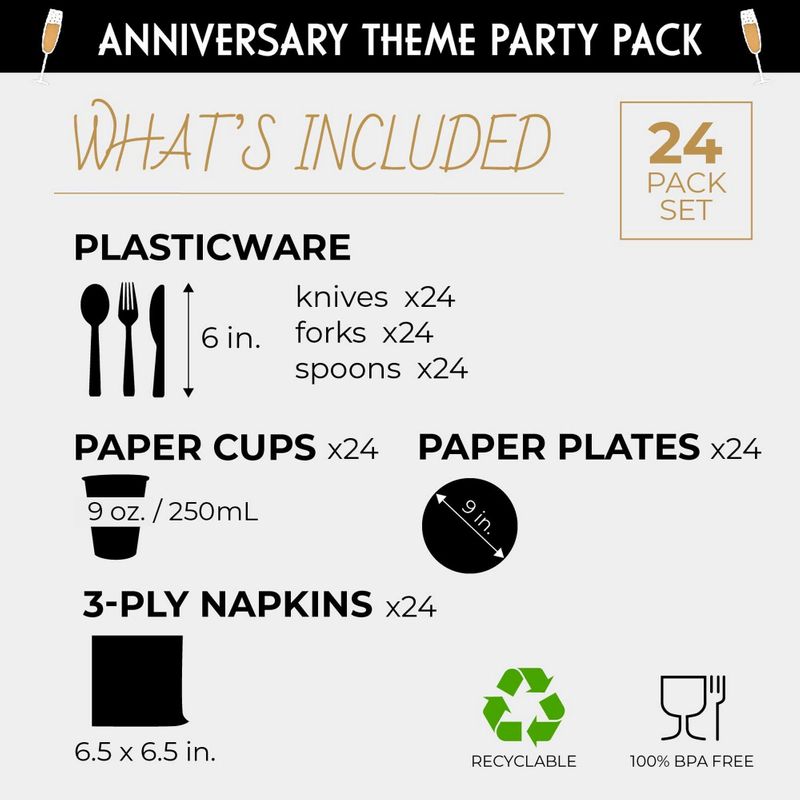 Happy Anniversary Party Bundle, Includes Plates, Napkins, Cups, and Cutlery (24 Guests,144 Pieces)