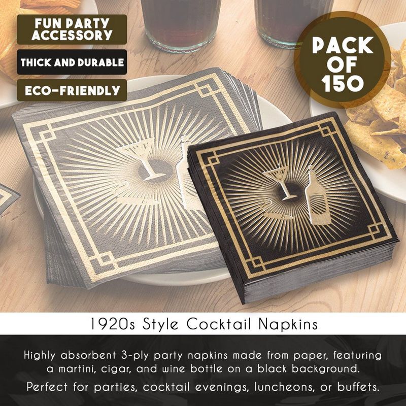 Paper Napkins 1920s Party Supplies, Roaring 20s Birthdays (6.5 x 6.5 In, 150 Pk)