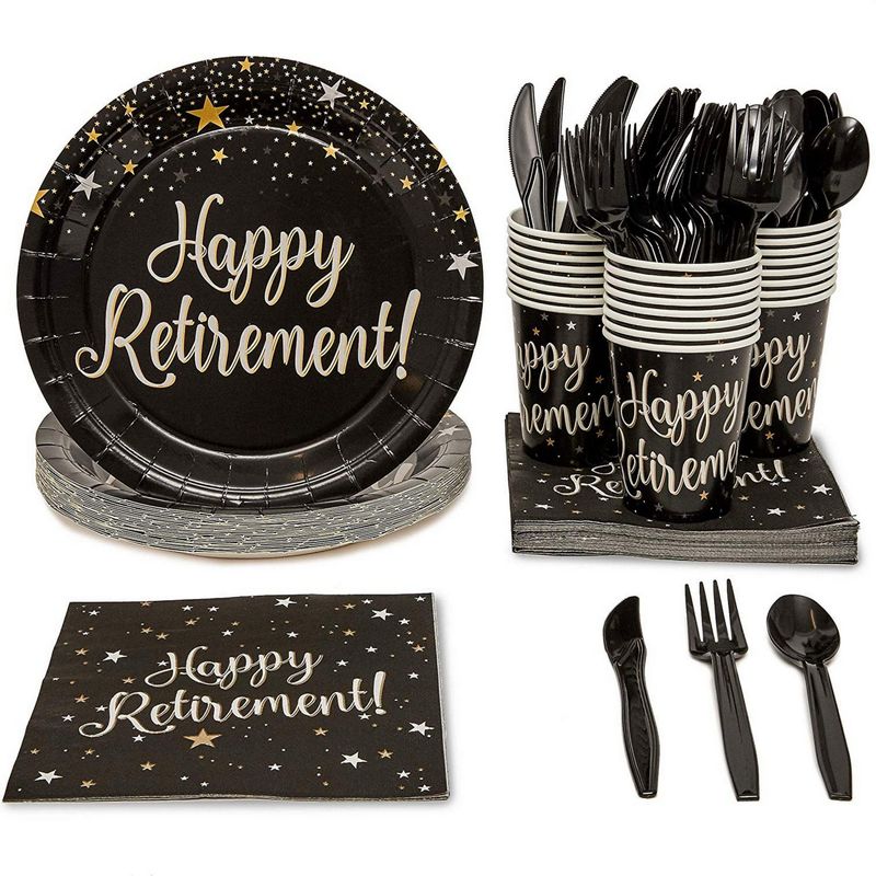 Retirement Party Bundle, Includes Plates, Napkins, Cups, and Cutlery (24 Guests,144 Pieces)