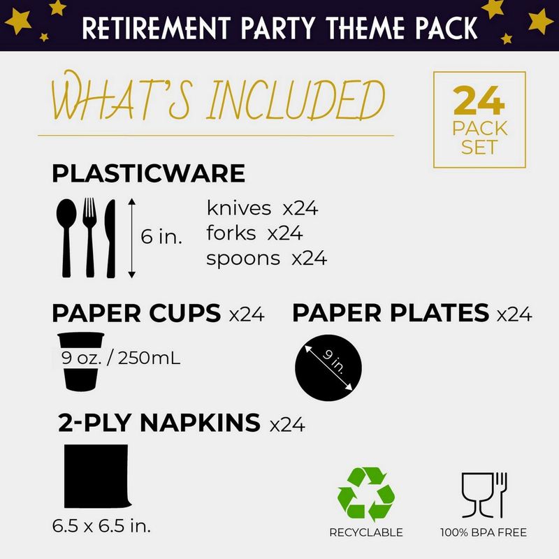 Retirement Party Bundle, Includes Plates, Napkins, Cups, and Cutlery (24 Guests,144 Pieces)