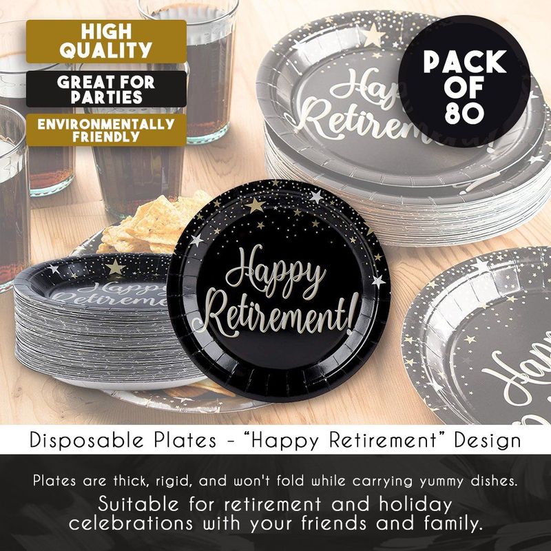 Disposable Plates - 80-Count Paper Plates, Happy Retirement Party Supplies for Appetizer, Lunch, Dinner, and Dessert, 9 x 9 Inches