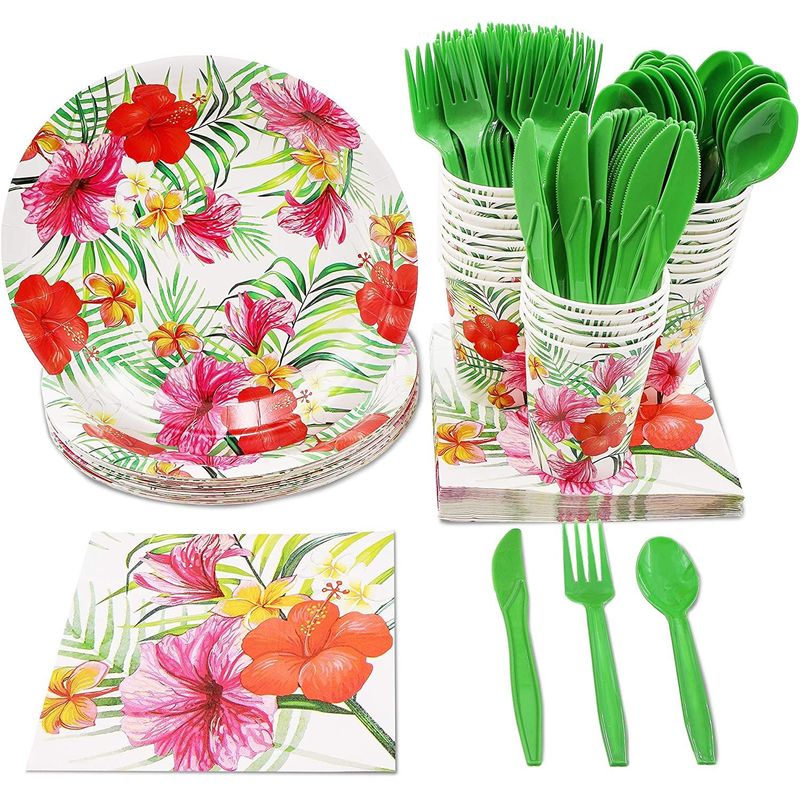 Hawaiian Luau Dinnerware Set, Tropical Party Supplies (Serves 24, 144 Pieces)