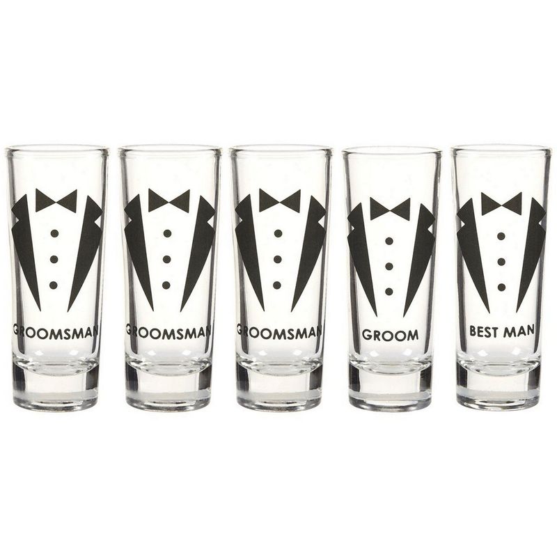 Blue Panda Party Favors Shot Glasses - Bachelor Shot Glasses with Tuxedo and Groom, Best Man & Groomsman Prints- Set of 5, 2 oz Each