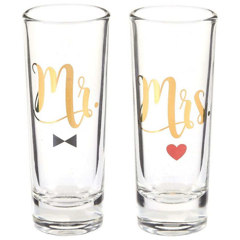 Blue Panda Party Shot Glasses - Mr Mrs Couple Shot Glasses with Gold Foil Print for Newlyweds, Anniversary, Bridal Shower, and Engagement - Set of 2, 2 oz Each