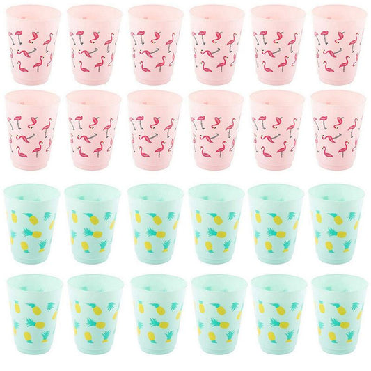 Plastic Party Cups - 24-Pack Reusable Tumblers, 16-Ounce Plastic Cups, Tropical Themed Party Supplies for Bridal Showers, Birthdays, Flamingo and Pineapple Designs, 3.5 x 4.4 x 3.5 inches